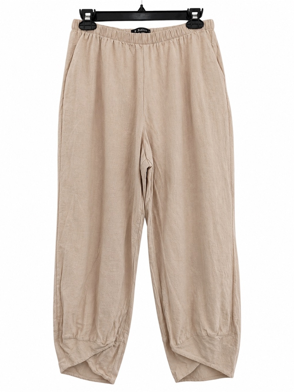 L-Retro Beige Wide Leg Pants Size L Boho Linen Look Elastic Waist Pockets